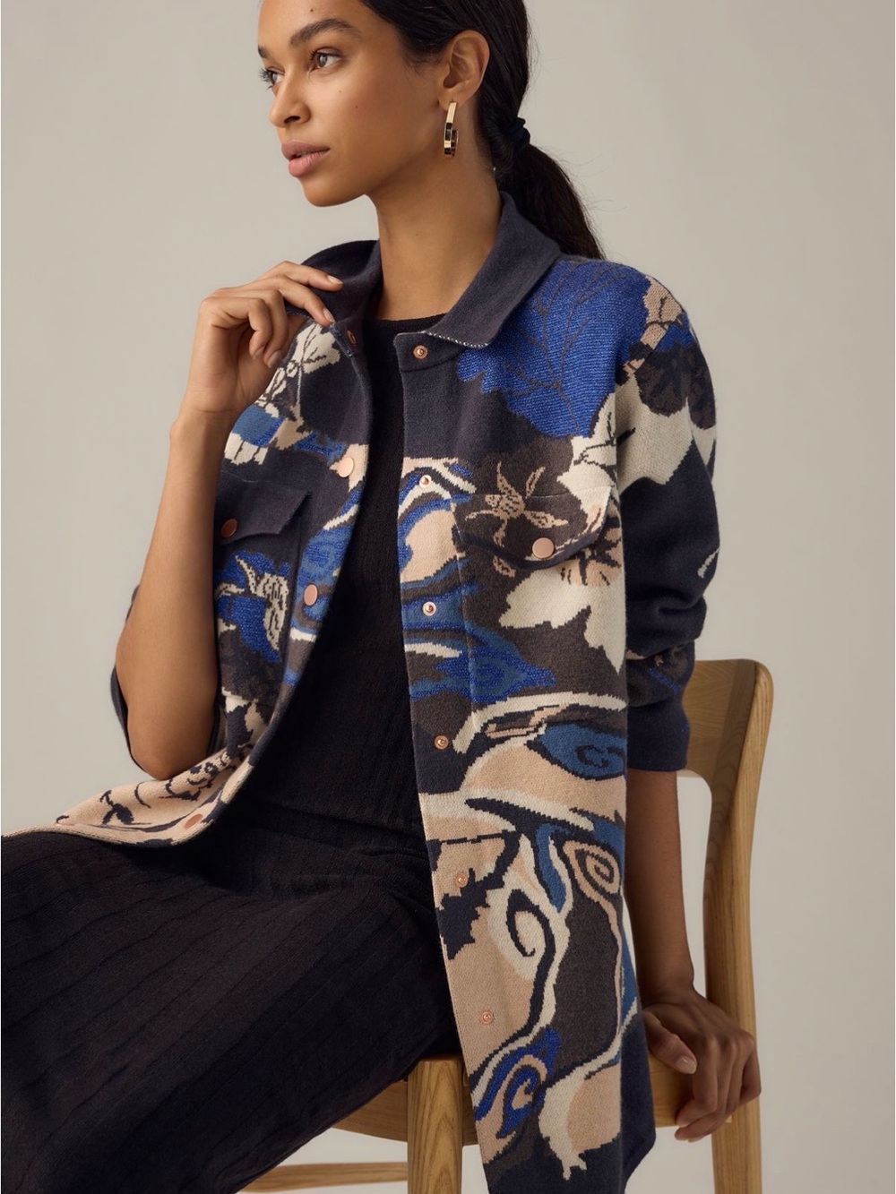 Anthropologie Abstract Floral Knit Jacket - Navy, Blue & Beige